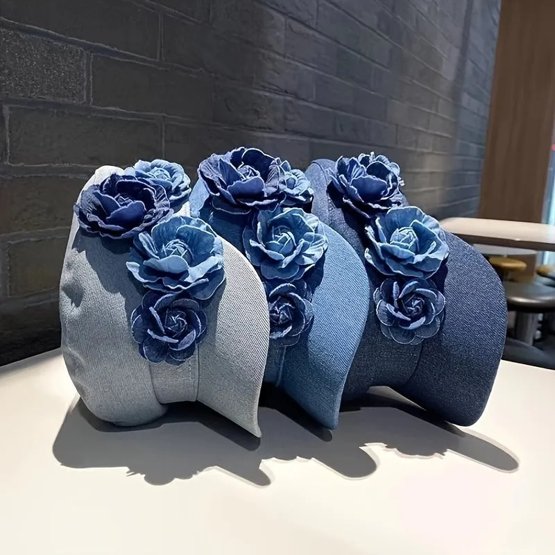 Ladies Denim Beret Hat with Blue Rose Embellishments - Perfect for Valentine's Day or Any Special Occasion - Adjustable Size - Breathable Material - Knit Construction - Decorative Accents - Non-Elastic - Suitable for Various Events