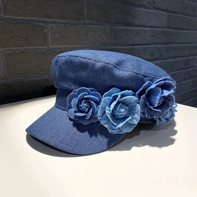 Ladies Denim Beret Hat with Blue Rose Embellishments - Perfect for Valentine's Day or Any Special Occasion - Adjustable Size - Breathable Material - Knit Construction - Decorative Accents - Non-Elastic - Suitable for Various Events