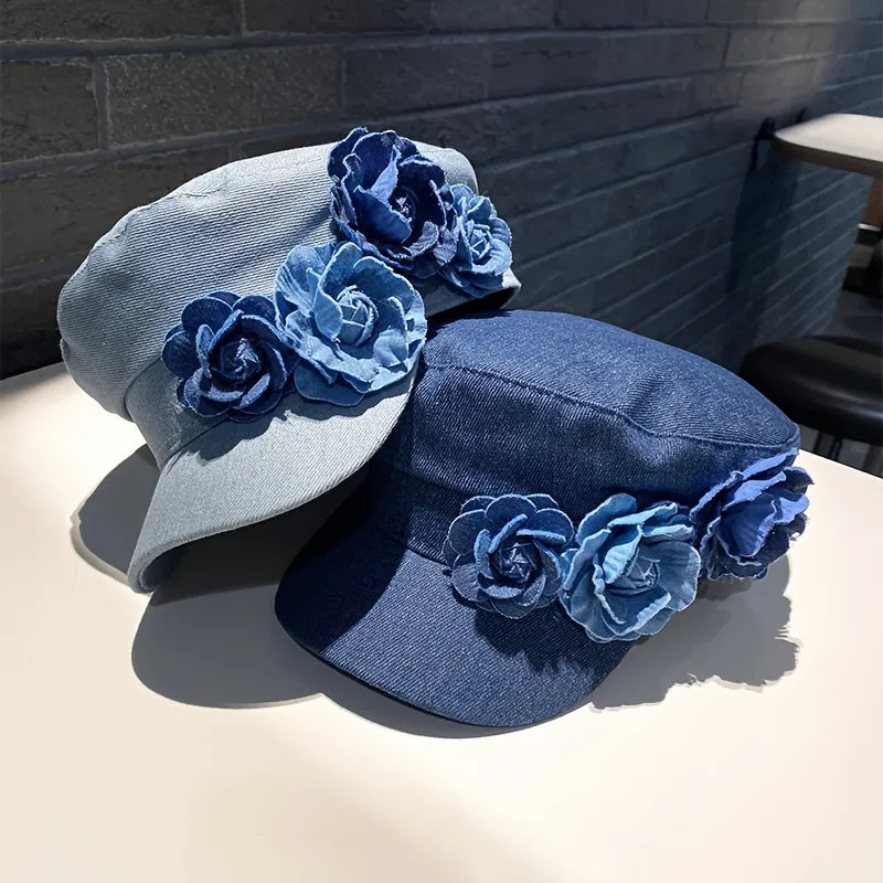 Ladies Denim Beret Hat with Blue Rose Embellishments - Perfect for Valentine's Day or Any Special Occasion - Adjustable Size - Breathable Material - Knit Construction - Decorative Accents - Non-Elastic - Suitable for Various Events