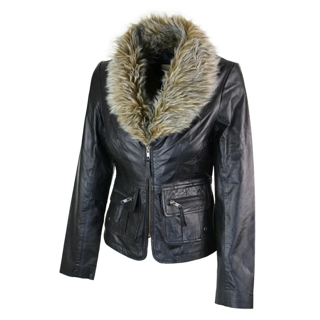 Ladies Real New Vintage Short Black Leather Jacket Coat Faux Fur Collar