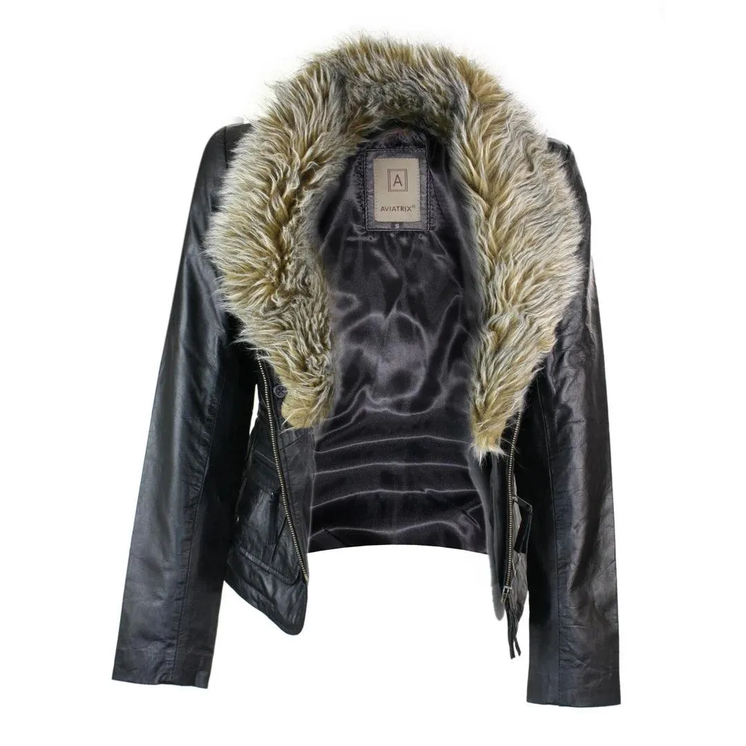 Ladies Real New Vintage Short Black Leather Jacket Coat Faux Fur Collar