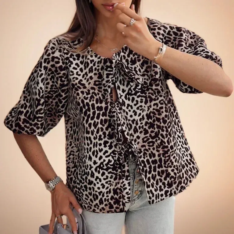 Leopard Print V-neck Cardigan Lace-up Short-sleeved Shirt Blouse for Women's Summer Fashion