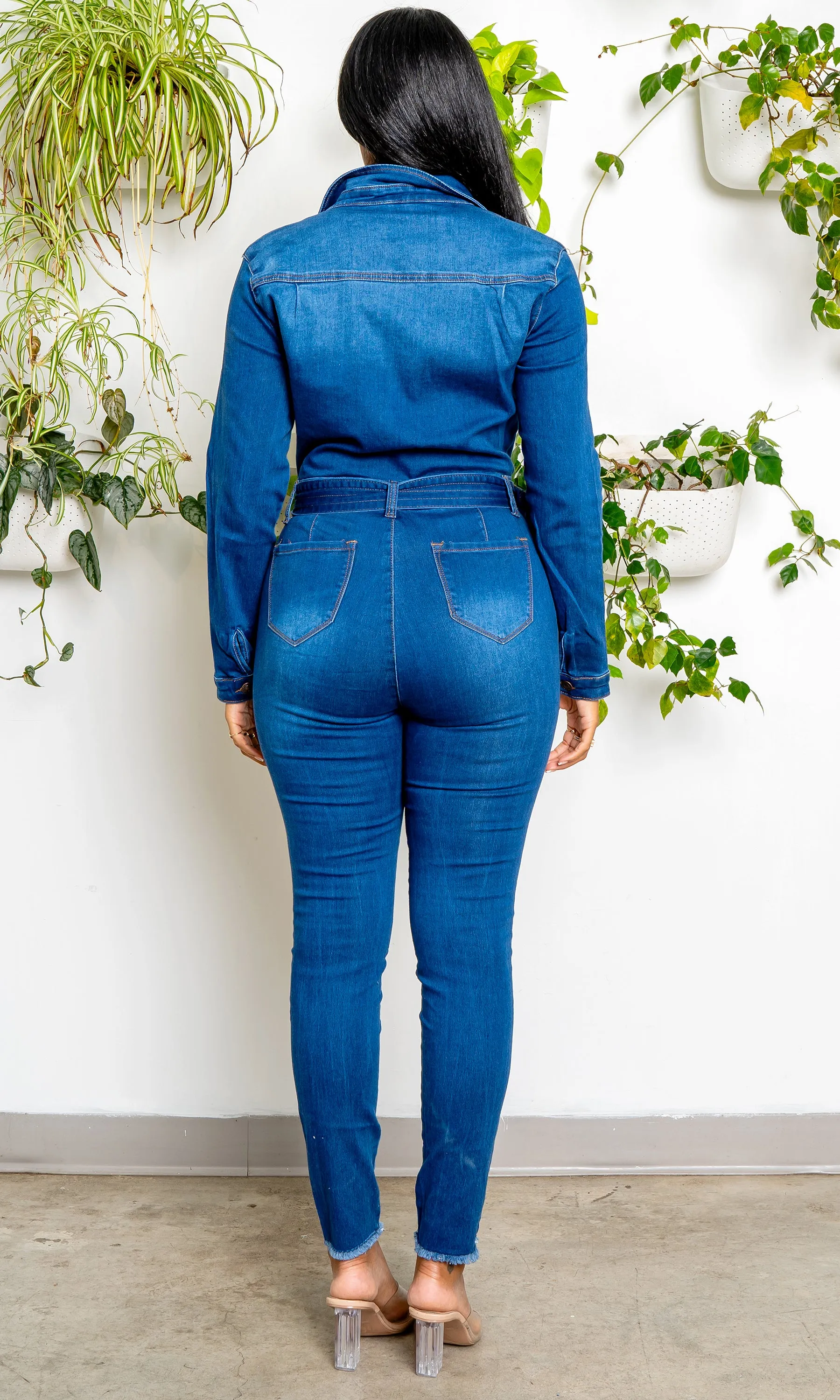 Long Sleeve Fanny Denim Jumpsuit - Medium Wash FINAL SALE