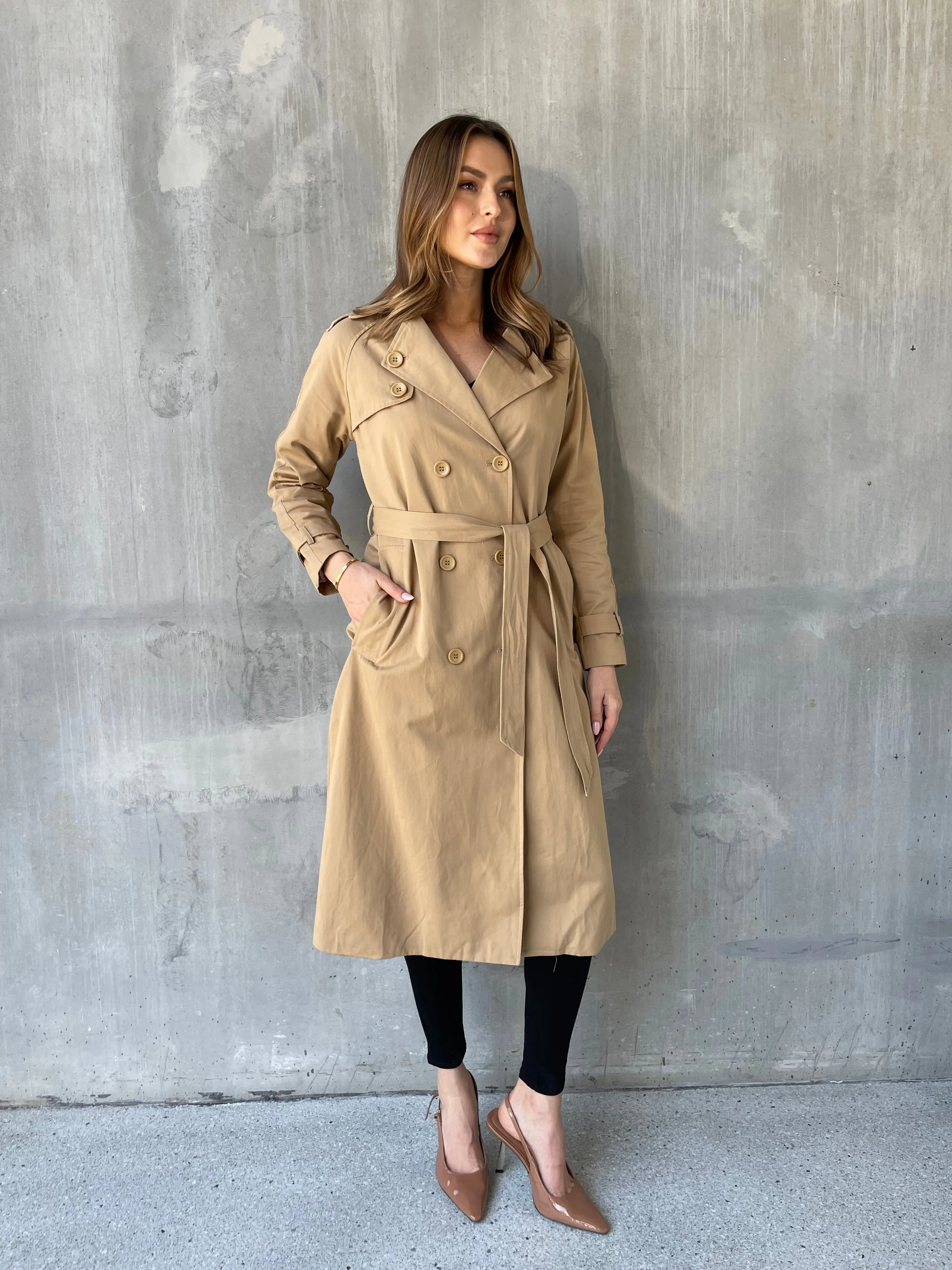 Loretta Camel Tie Waist Trench Coat