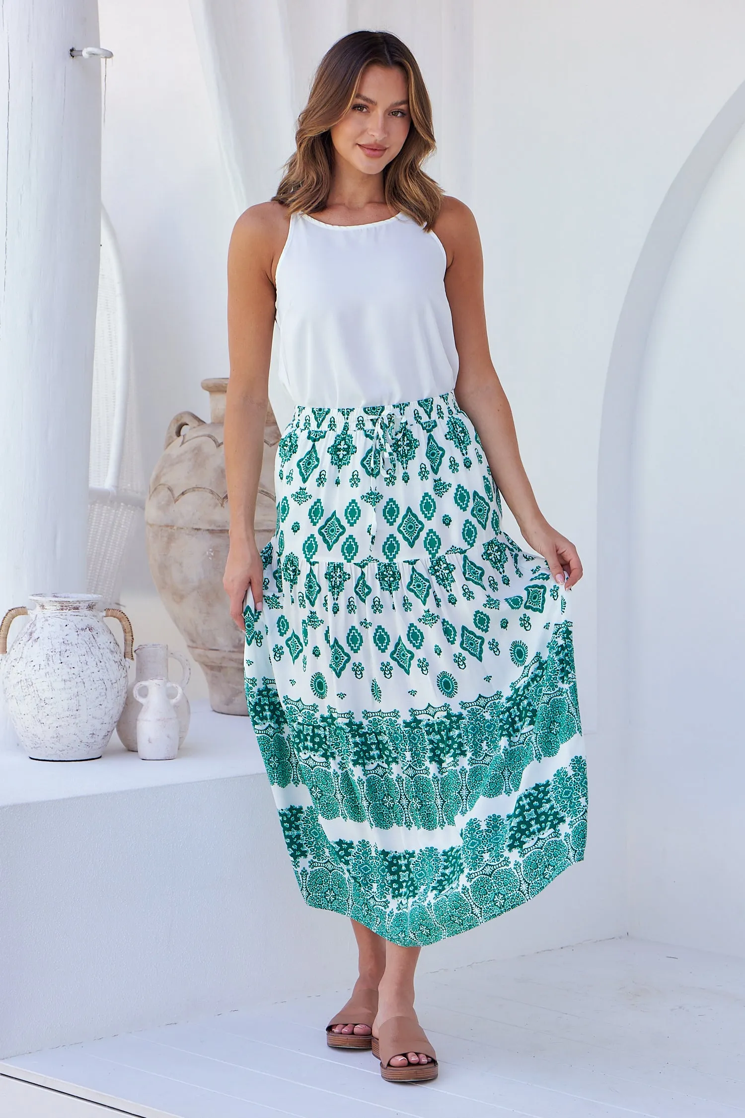 Lyla Green/White Paisley Print Maxi Skirt