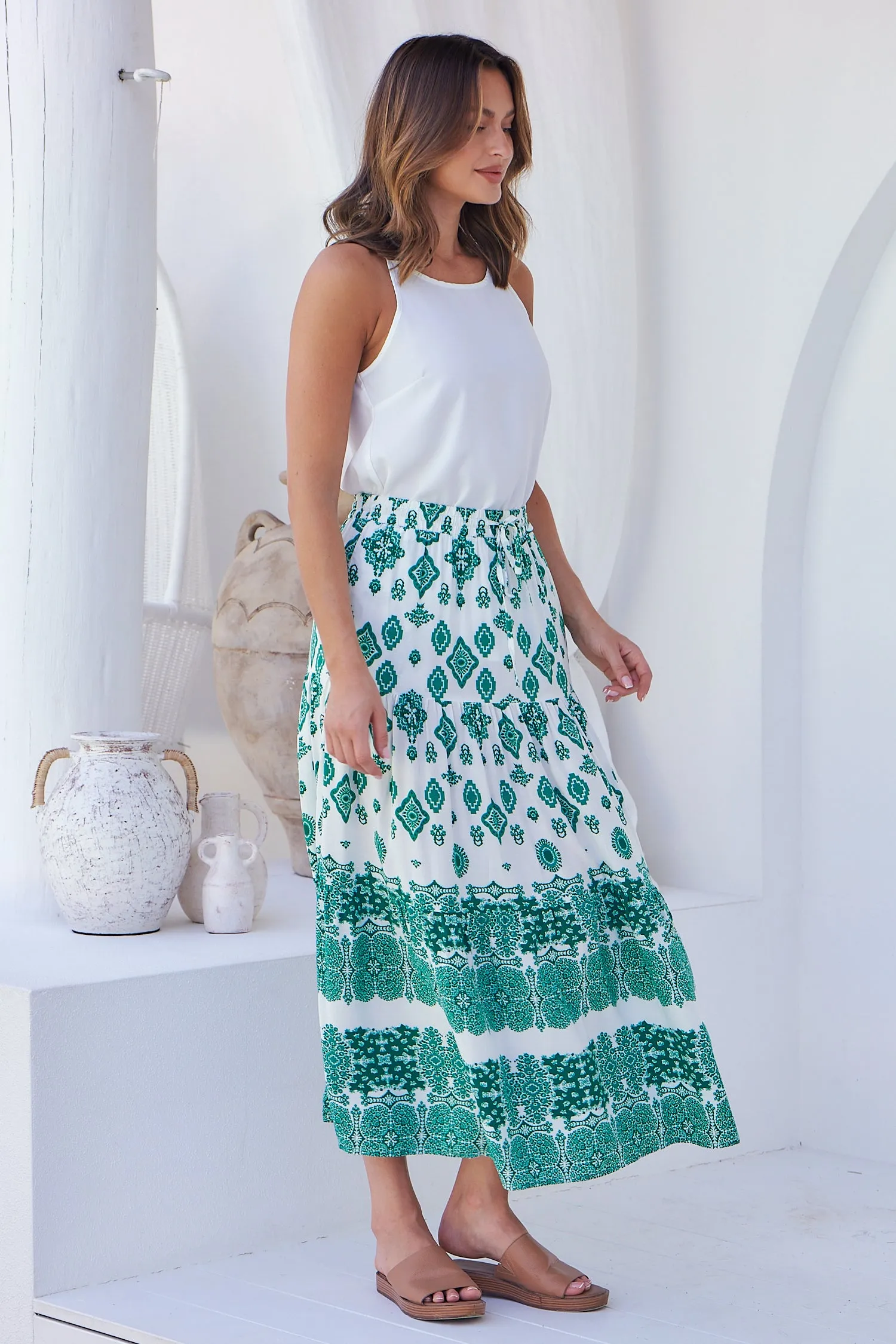 Lyla Green/White Paisley Print Maxi Skirt