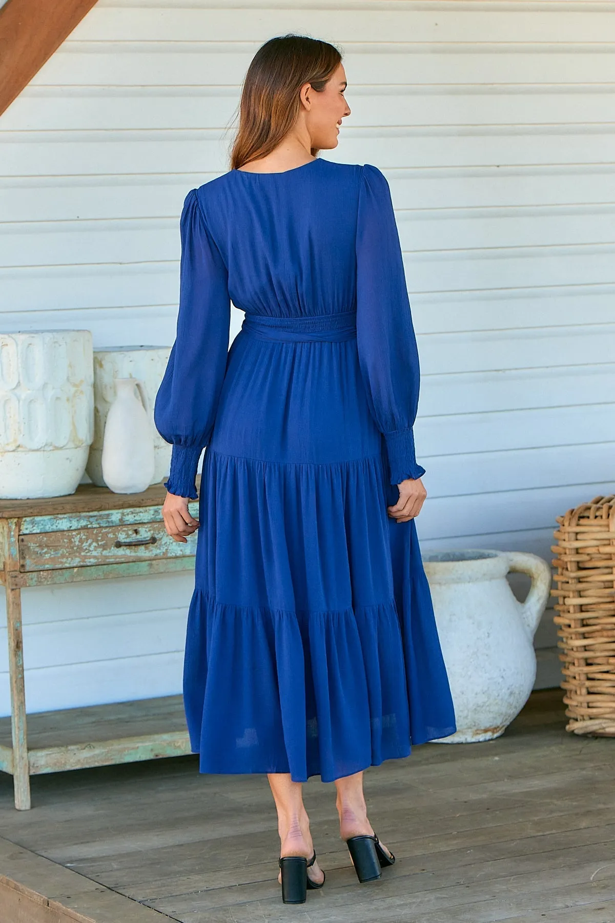 Macy Crepe Navy Tiered Evening Dress