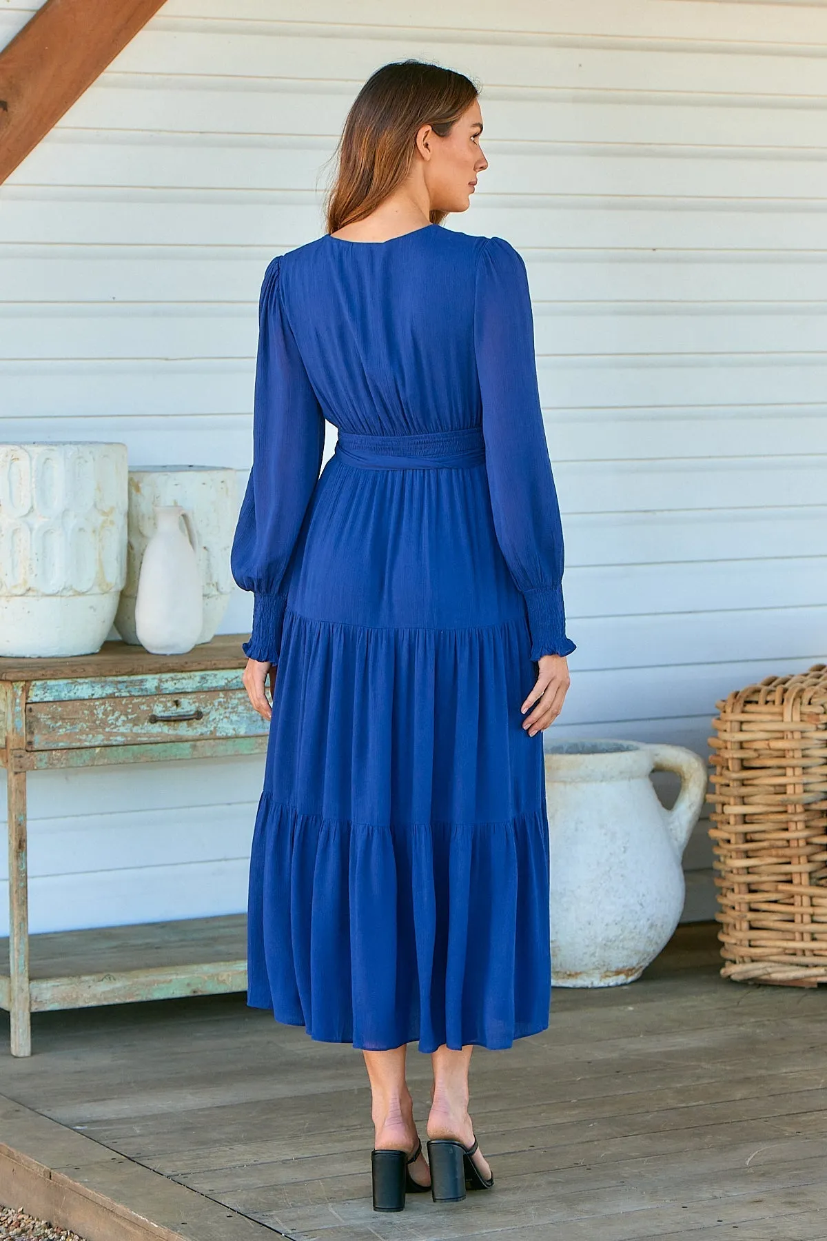 Macy Crepe Navy Tiered Evening Dress