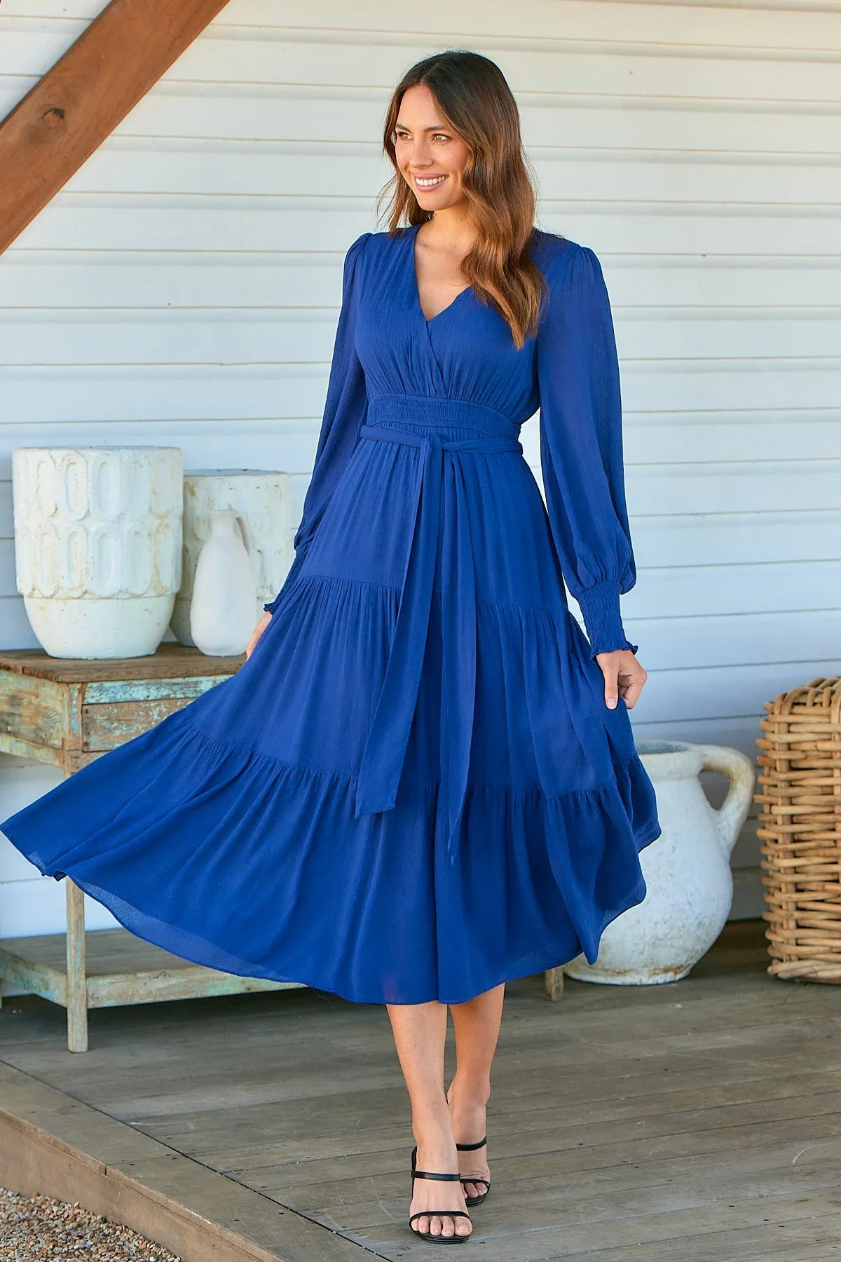 Macy Crepe Navy Tiered Evening Dress