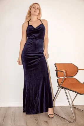 Made My Impression Navy Blue Velvet Cowl Neck Maxi Dress