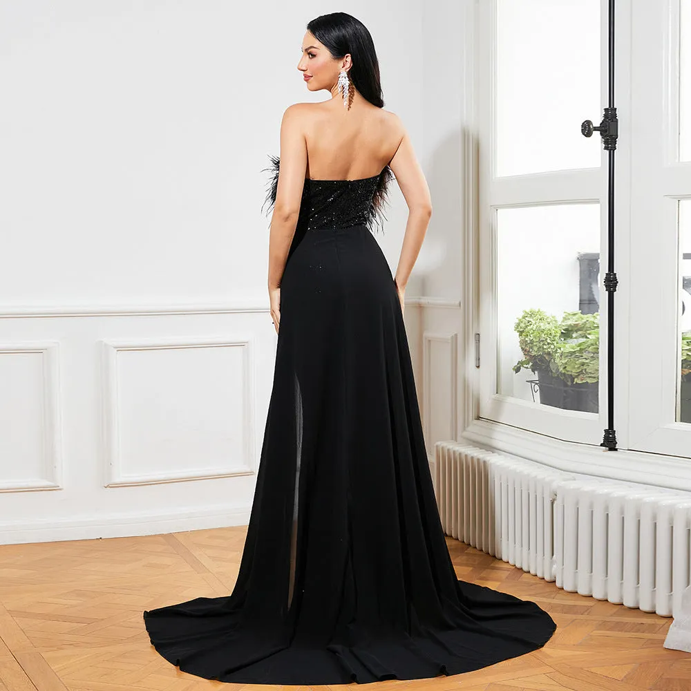 Magnificent Black Sequined Strapless Feather Wrapped Evening Dress