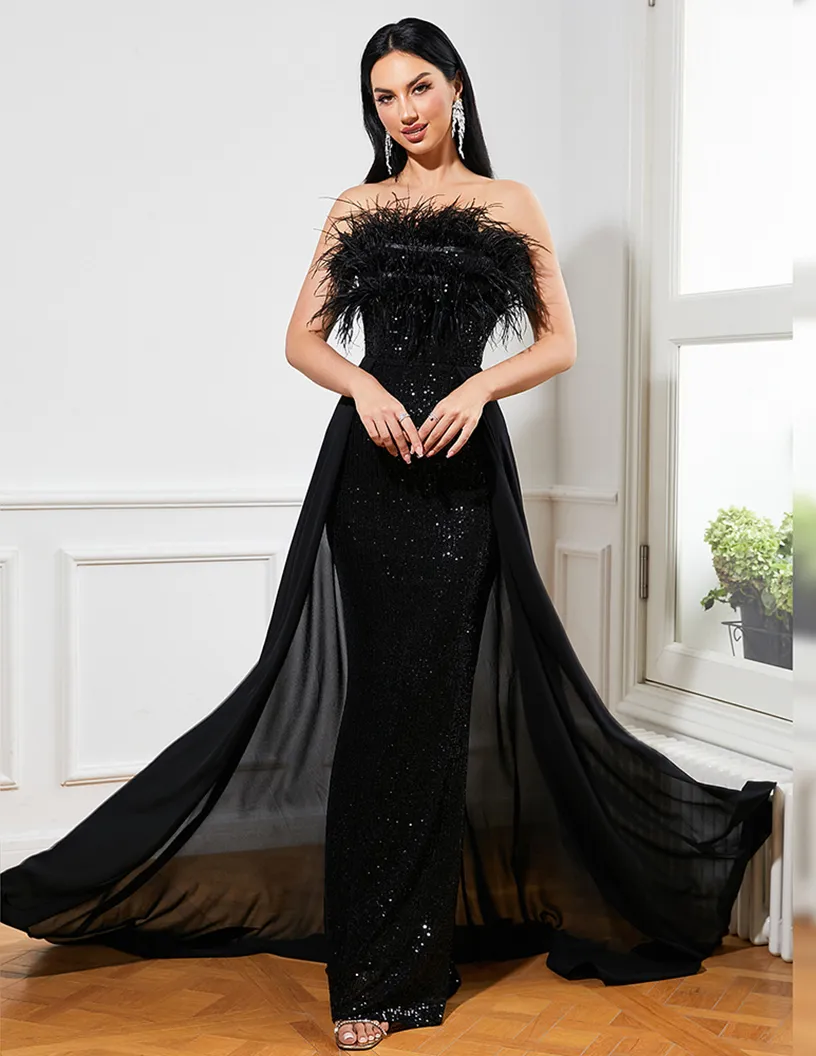 Magnificent Black Sequined Strapless Feather Wrapped Evening Dress