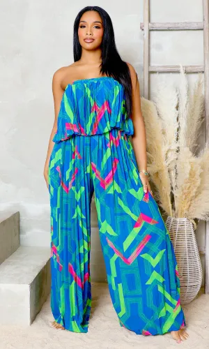 Meadow Whispers Pleated Jumpsuit - Blue FINAL SALE