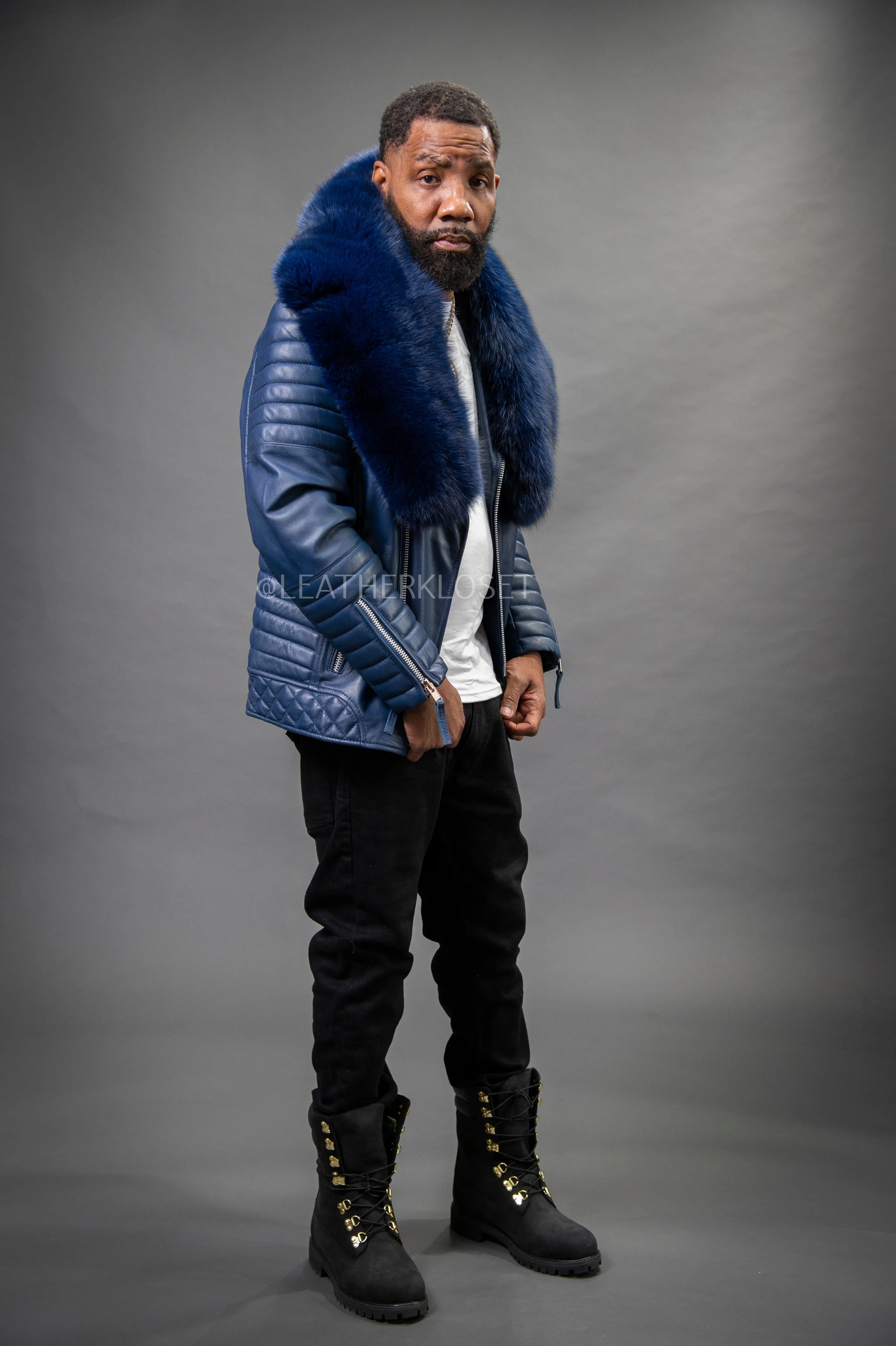 Men's Jay Biker Navy With Full Fox Fur Collar [Navy]