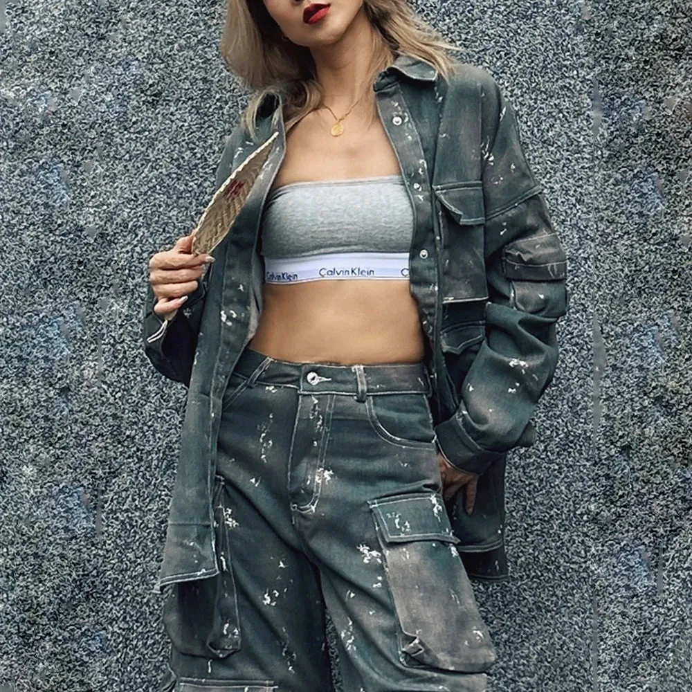 Metaversmall Camouflage Casual Two Piece Set For Women Lapel Long Sleeve Spliced Button Jackets High Waist Cargo Pants Loose Sets Female