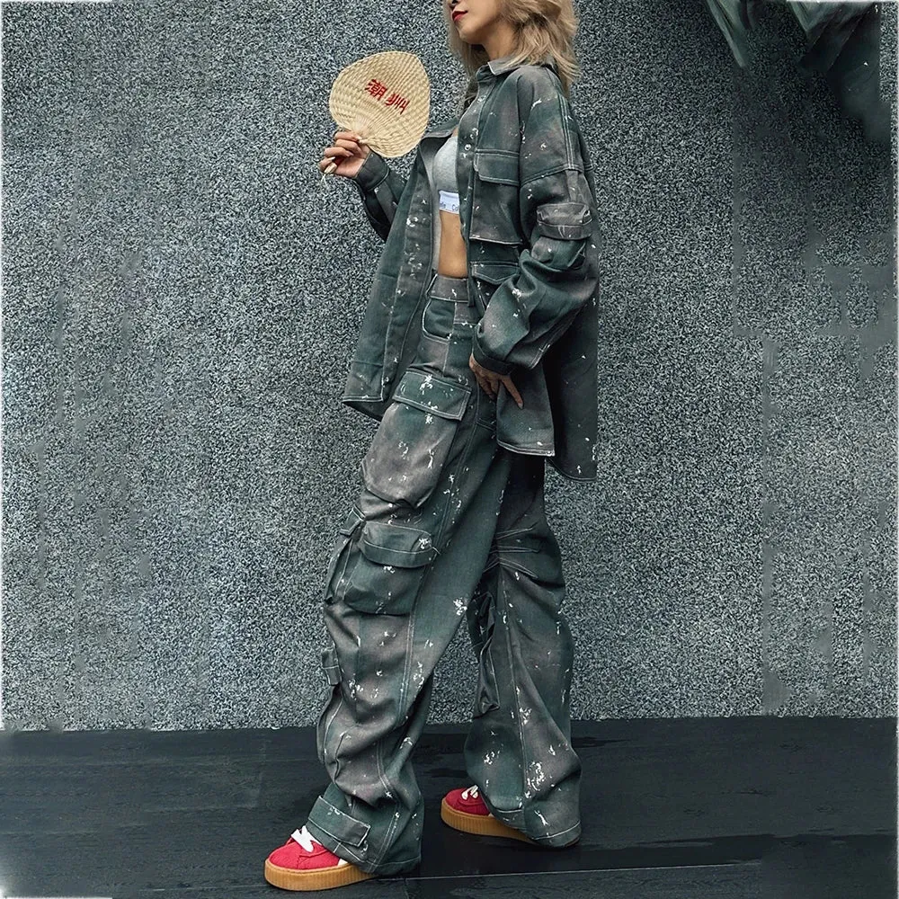 Metaversmall Camouflage Casual Two Piece Set For Women Lapel Long Sleeve Spliced Button Jackets High Waist Cargo Pants Loose Sets Female