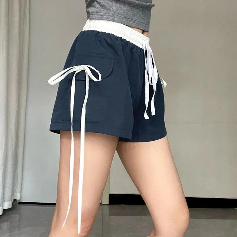 Metaversmall Casual Patchwork Cargo Style Basic Summer Shorts Women Pockets Lace-Up Elastic Waist Short Pants Contrast Color 2024