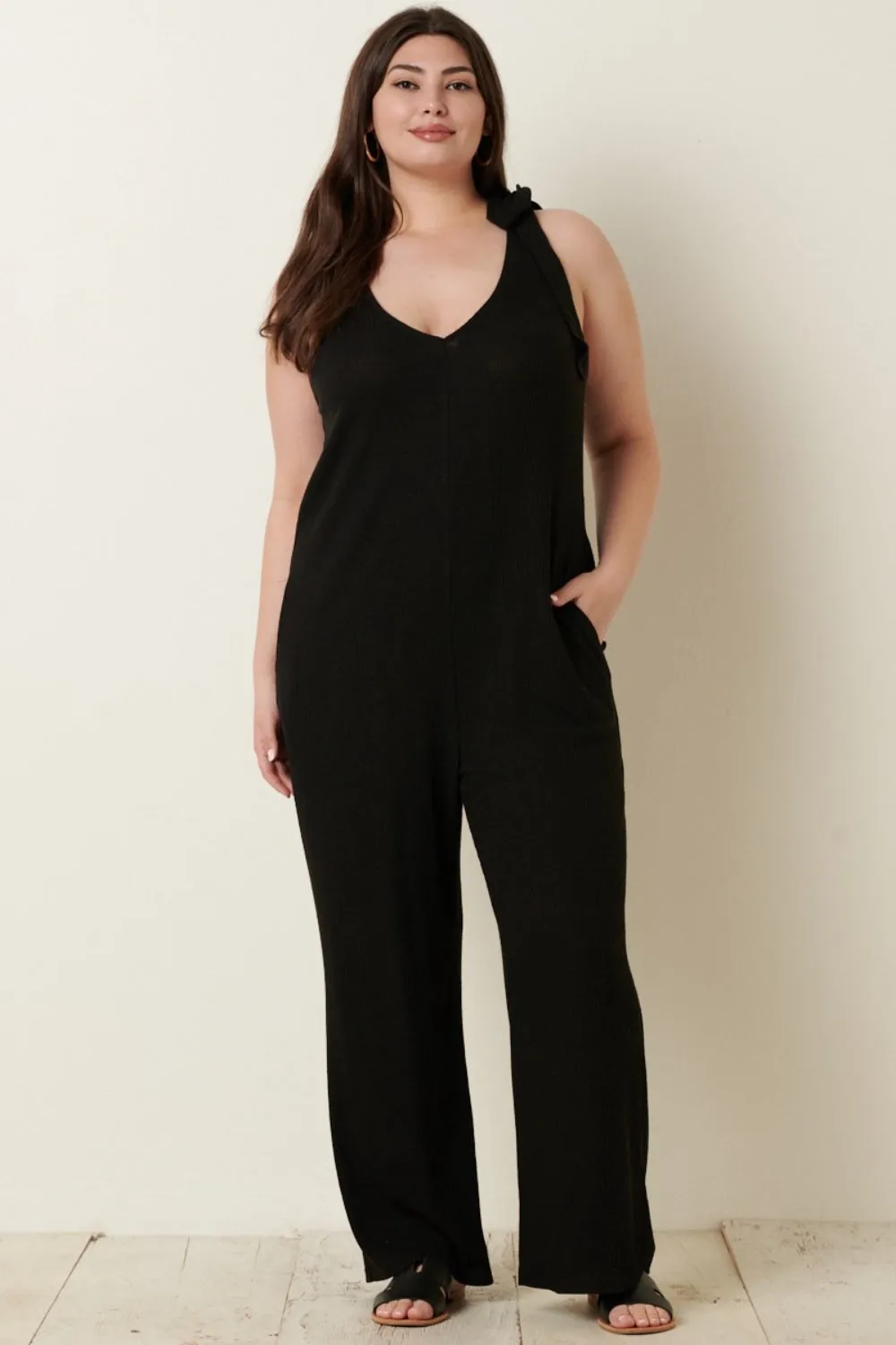 Mittoshop Rib Knit V-Neck Cross Back Jumpsuit