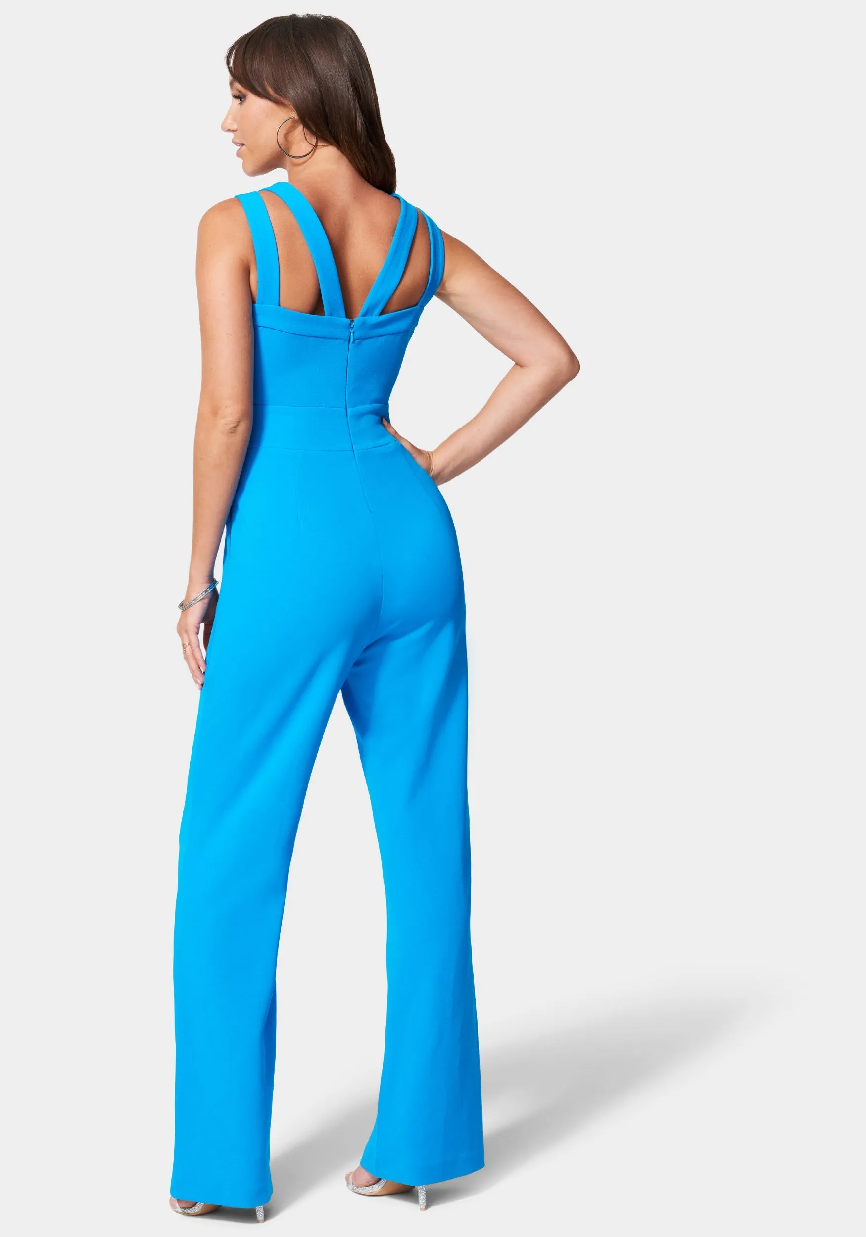 Multi Strap Knit Crepe Wide Leg Jumpsuit