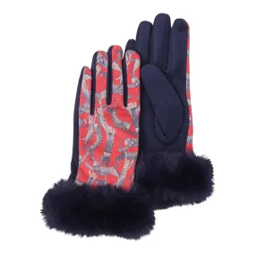 Navy & Cool Cats Print Fur-Trimmed Texting Gloves