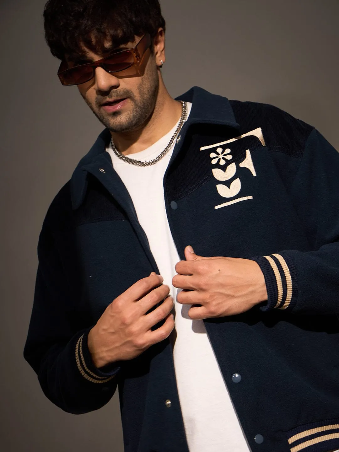 Navy Polar Fleece Varsity Jacket