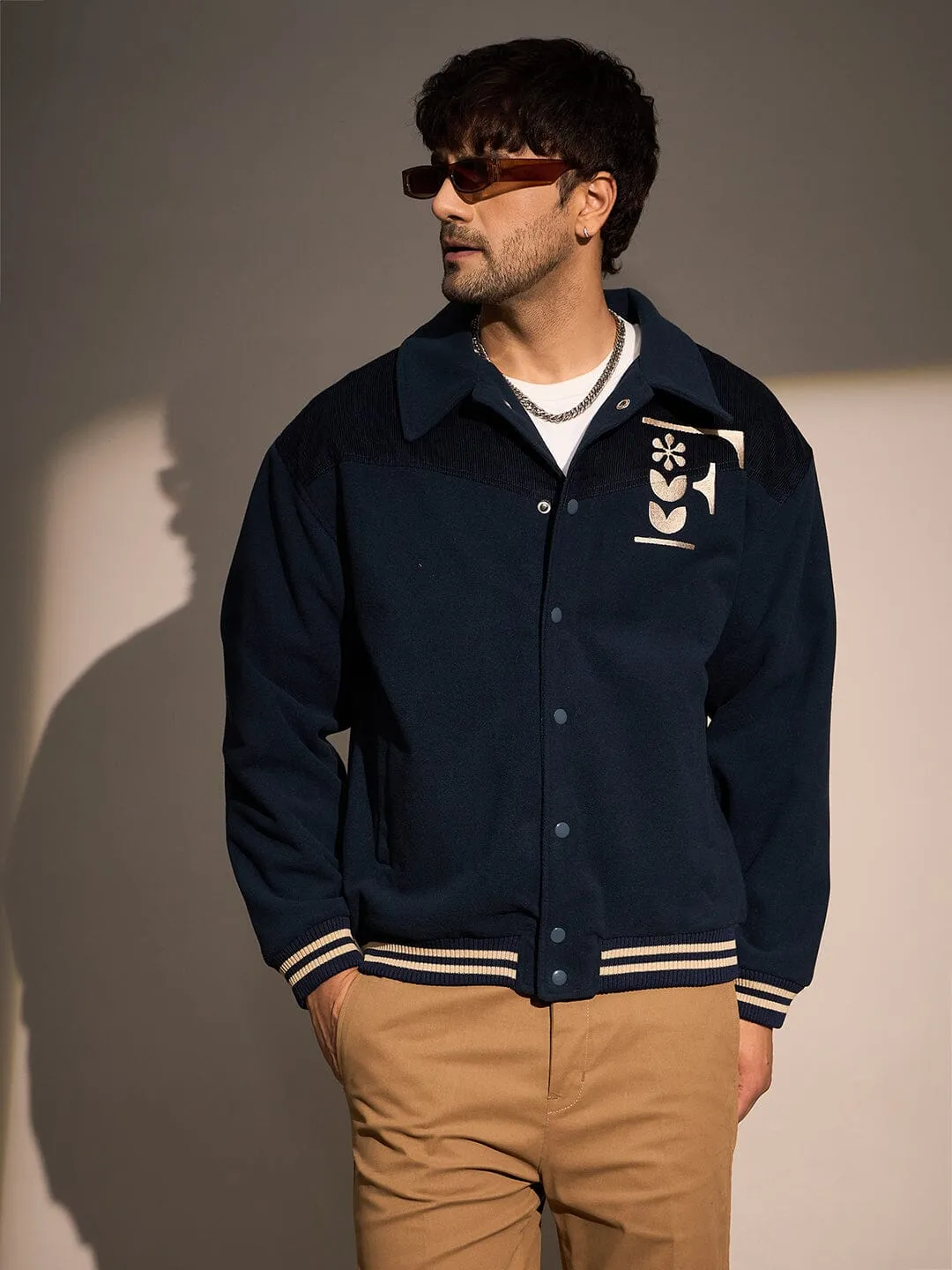 Navy Polar Fleece Varsity Jacket