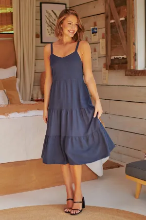 Nora S/less Navy Linen Blend Tiered Midi Dress