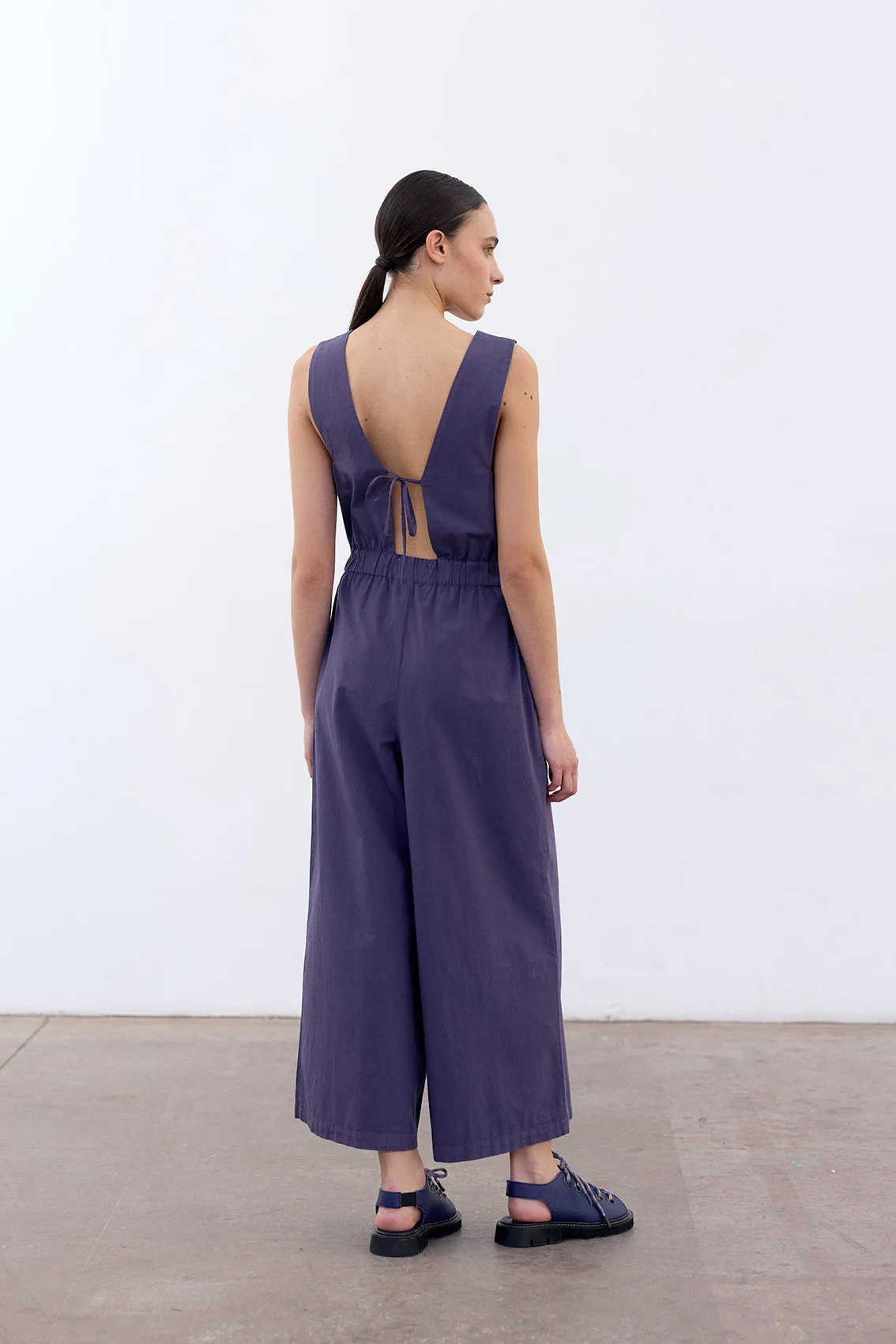 Open Back V-Neck Jumpsuit Cotton - Arándano