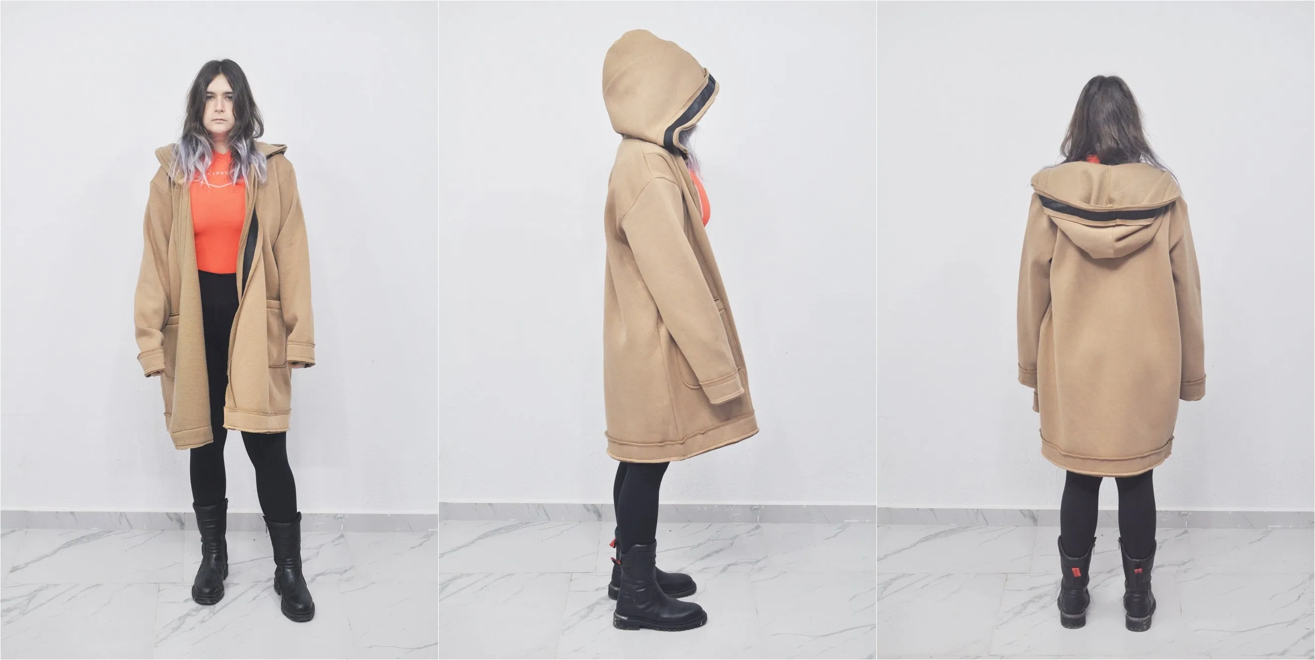 Oversized Asymmetrical Front Cut Long Hooded Leather Stitched Edge Cardigan / Cloak Cosplay Cape