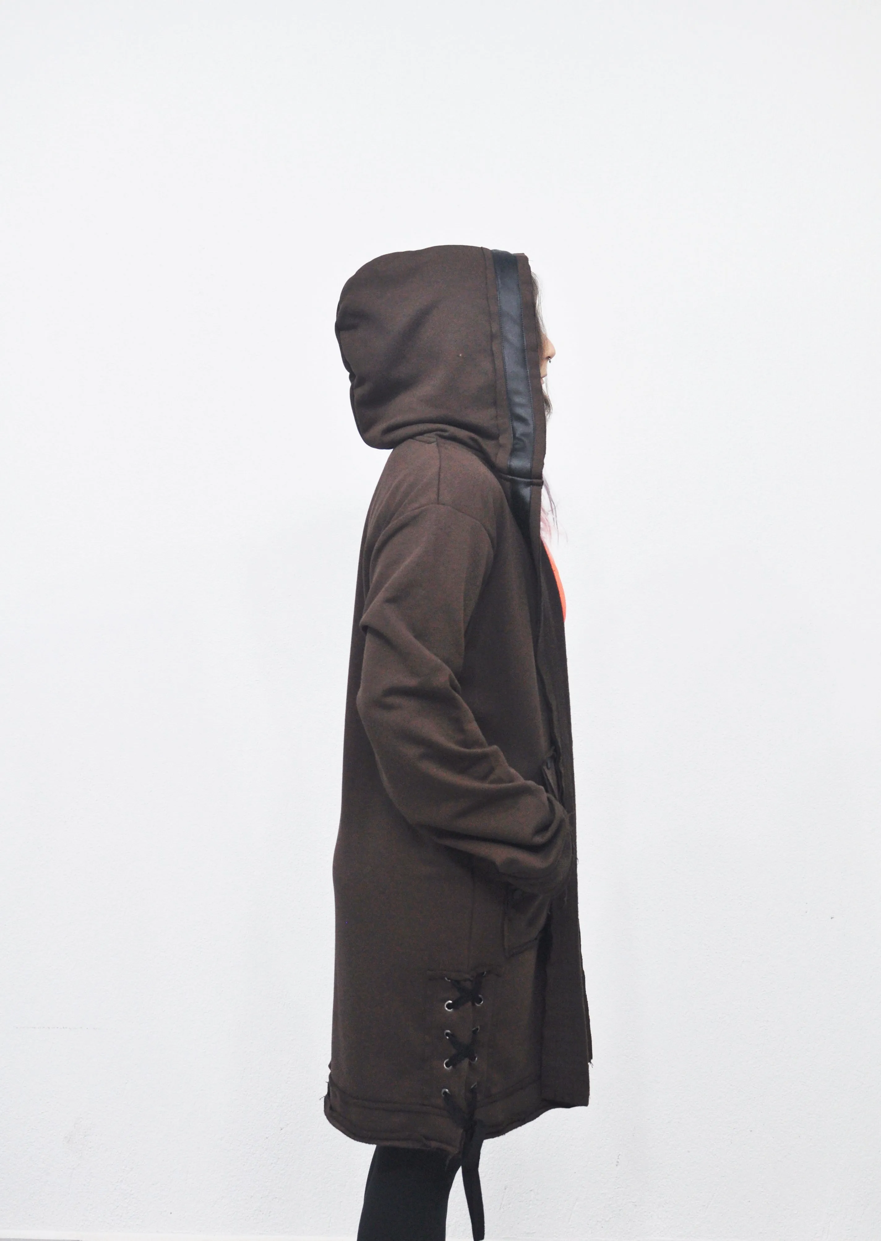 Oversized Hooded Long Leather Stitched Edge Drawstring Tied Up Cardigan / Cloak Cosplay Cape