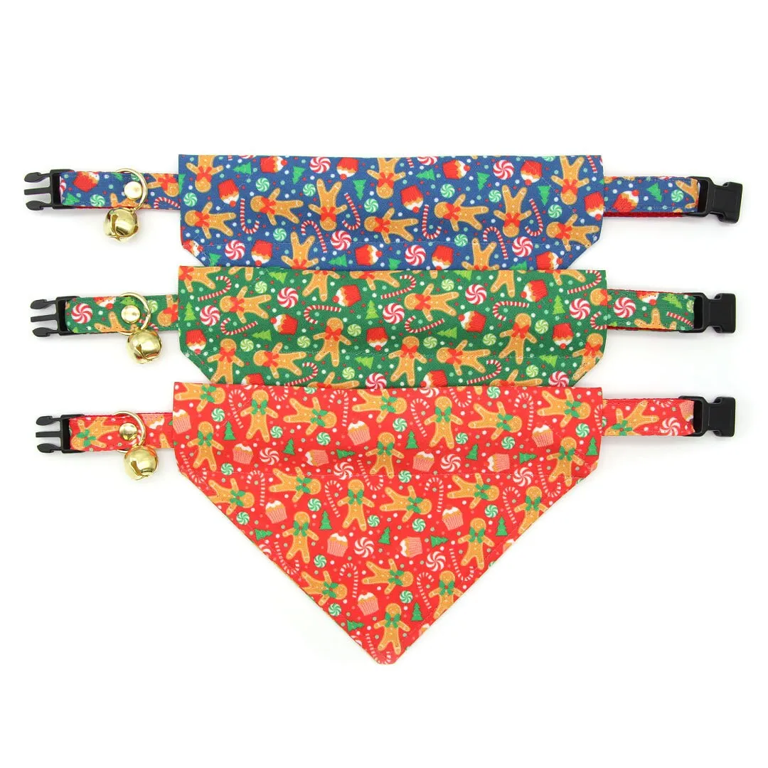 Pet Bandana - "Christmas Treats - Blue" - Holiday Gingerbread Bandana for Cat   Small Dog / Slide-on Bandana / Over-the-Collar (One Size)