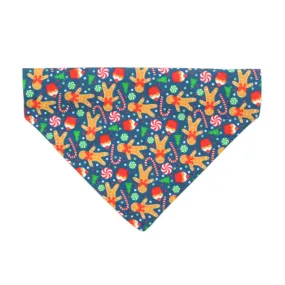 Pet Bandana - "Christmas Treats - Blue" - Holiday Gingerbread Bandana for Cat   Small Dog / Slide-on Bandana / Over-the-Collar (One Size)