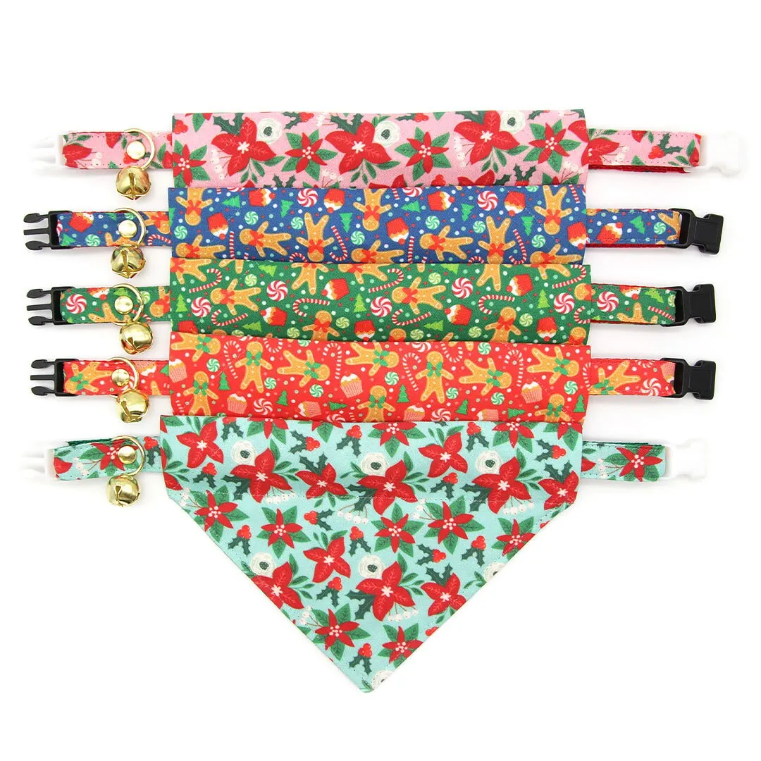 Pet Bandana - "Winter Blooms - Mint" - Holiday Poinsettia Bandana for Cat   Small Dog / Christmas Floral / Slide-on Bandana / Over-the-Collar (One Size)