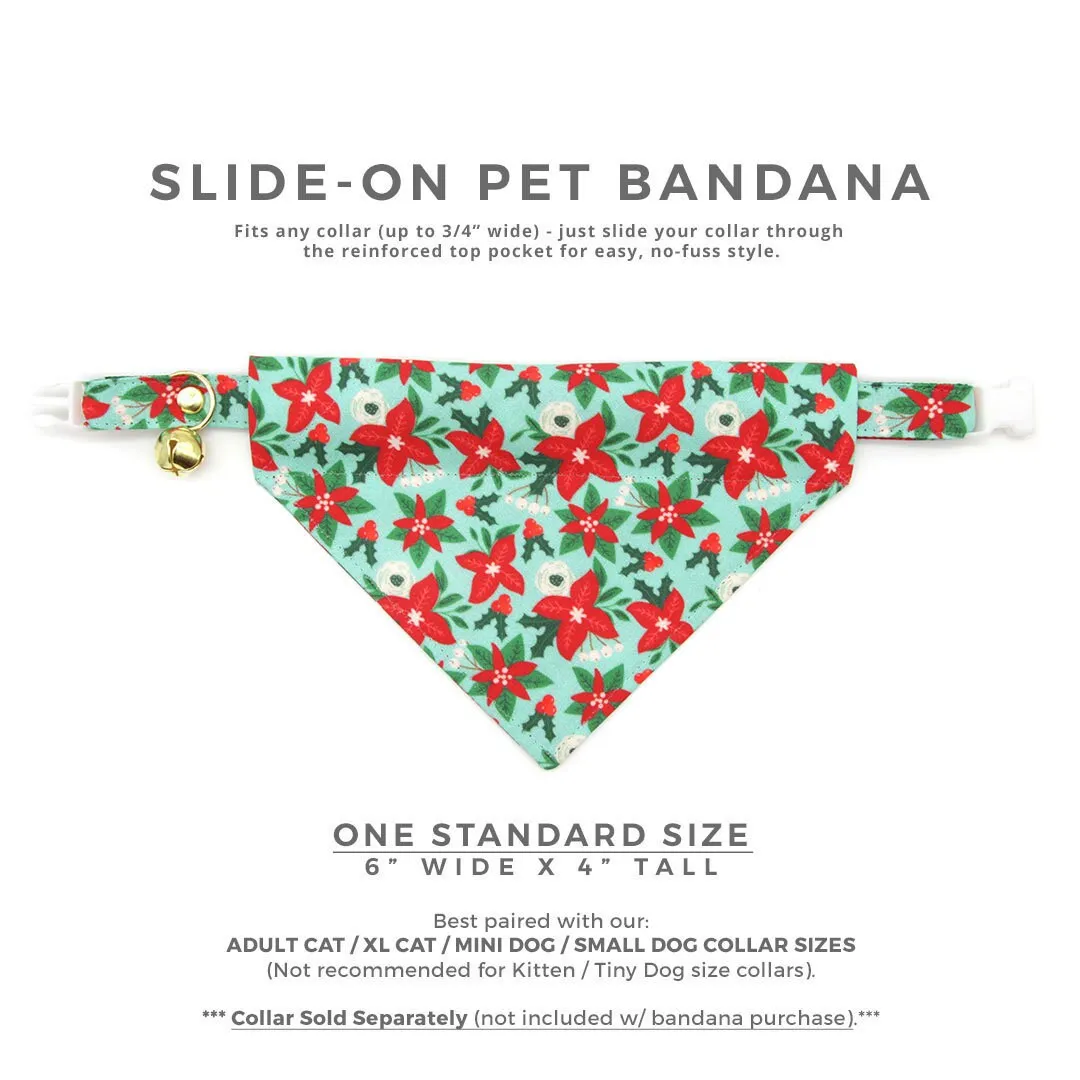 Pet Bandana - "Winter Blooms - Mint" - Holiday Poinsettia Bandana for Cat   Small Dog / Christmas Floral / Slide-on Bandana / Over-the-Collar (One Size)