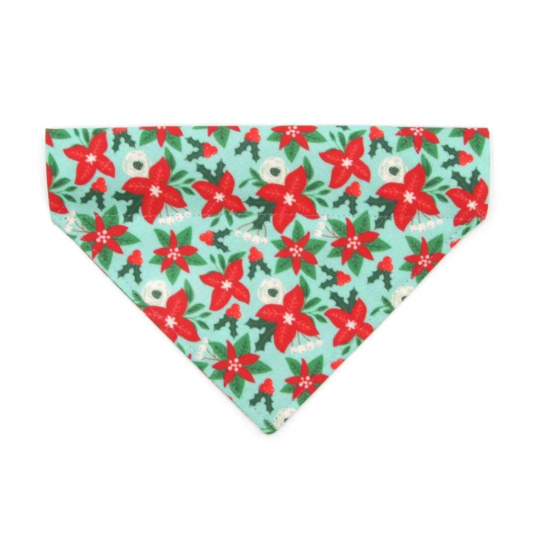 Pet Bandana - "Winter Blooms - Mint" - Holiday Poinsettia Bandana for Cat   Small Dog / Christmas Floral / Slide-on Bandana / Over-the-Collar (One Size)