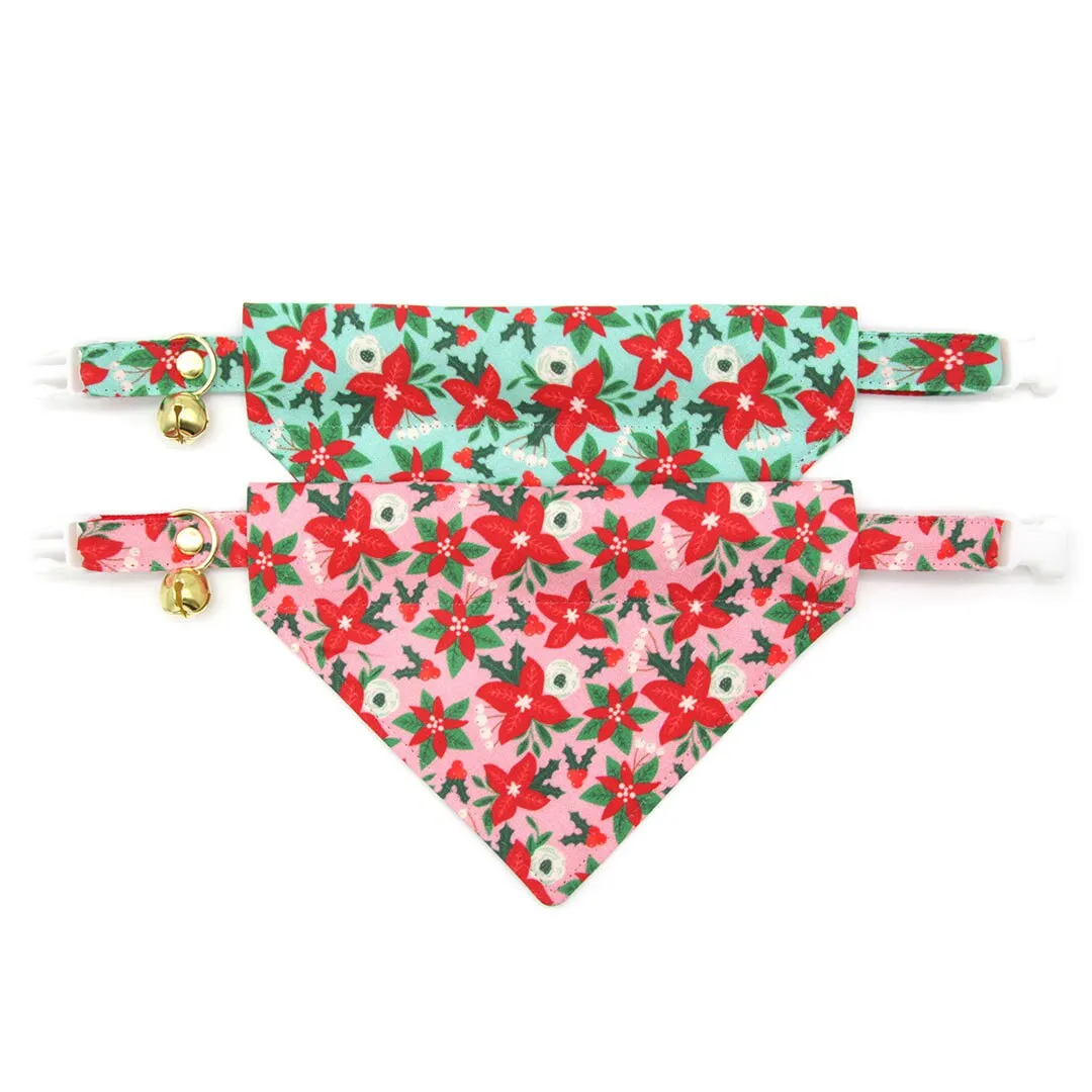 Pet Bandana - "Winter Blooms - Mint" - Holiday Poinsettia Bandana for Cat   Small Dog / Christmas Floral / Slide-on Bandana / Over-the-Collar (One Size)