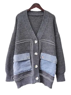 Pre Order:  Denim Patchwork Pockets Knit Cardigan