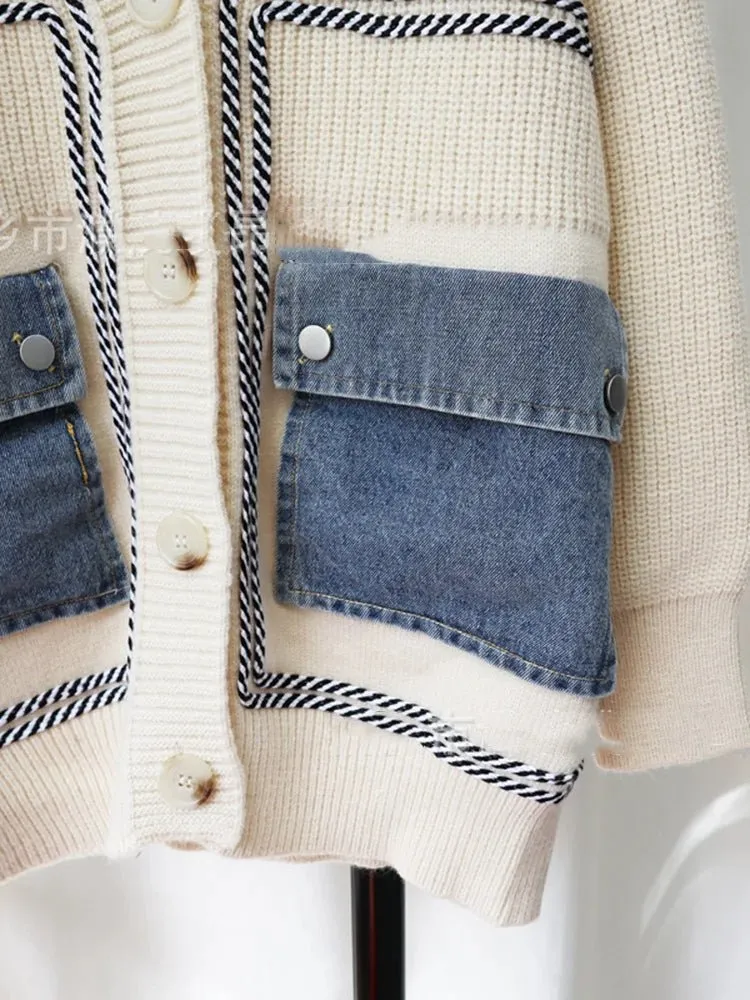 Pre Order:  Denim Patchwork Pockets Knit Cardigan