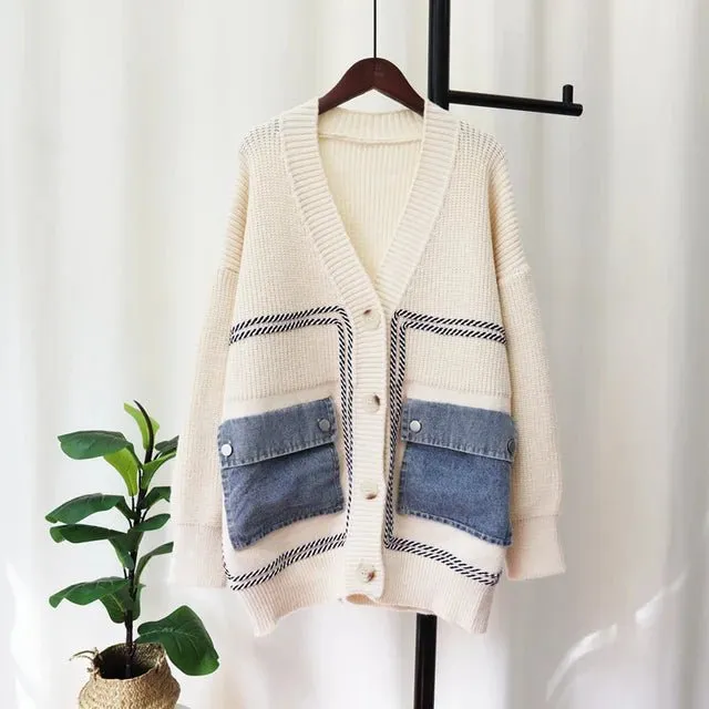 Pre Order:  Denim Patchwork Pockets Knit Cardigan