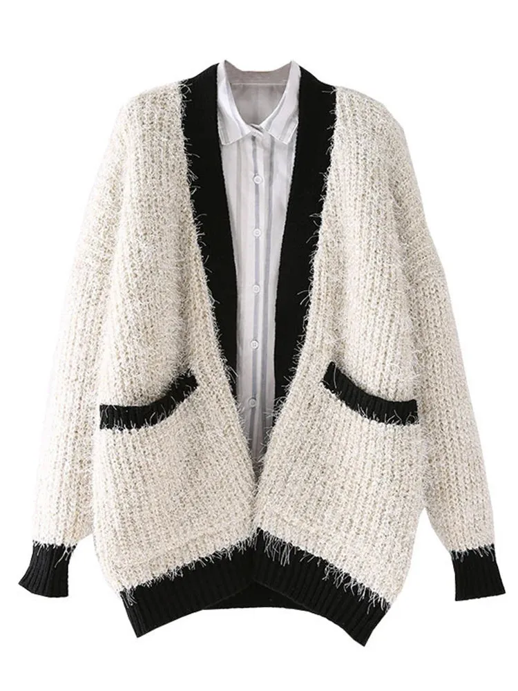 Pre Order:  Fuzzy Contrast Edges Knitted Cardigan