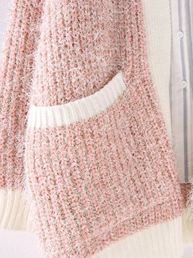 Pre Order:  Fuzzy Contrast Edges Knitted Cardigan