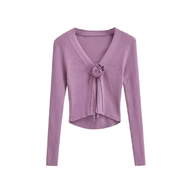 Pre Order:  V-Neck Chest Rose Long Sleeved Knitted Cardigan