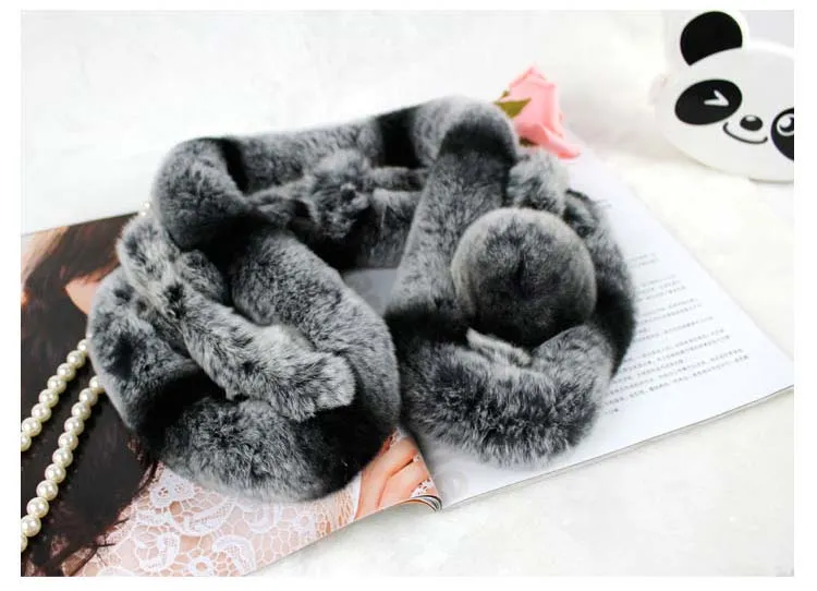 Real REX Rabbit Fur Scarf Ball Wrap Cape Shawl Neck Warmer Scarf Women 13503