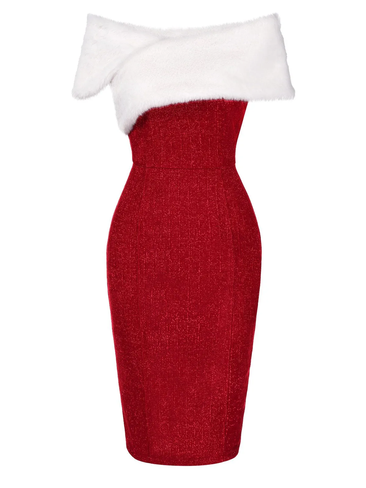 Red 1960s Faux Fur Off-Shoulder Dress