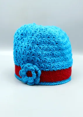 Red Border Flower Attached Blue Warm & Soft Crocheted Woolen Beanie