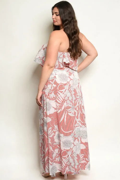 Red Cold Shoulder Plus Size Romper Maxi Dress