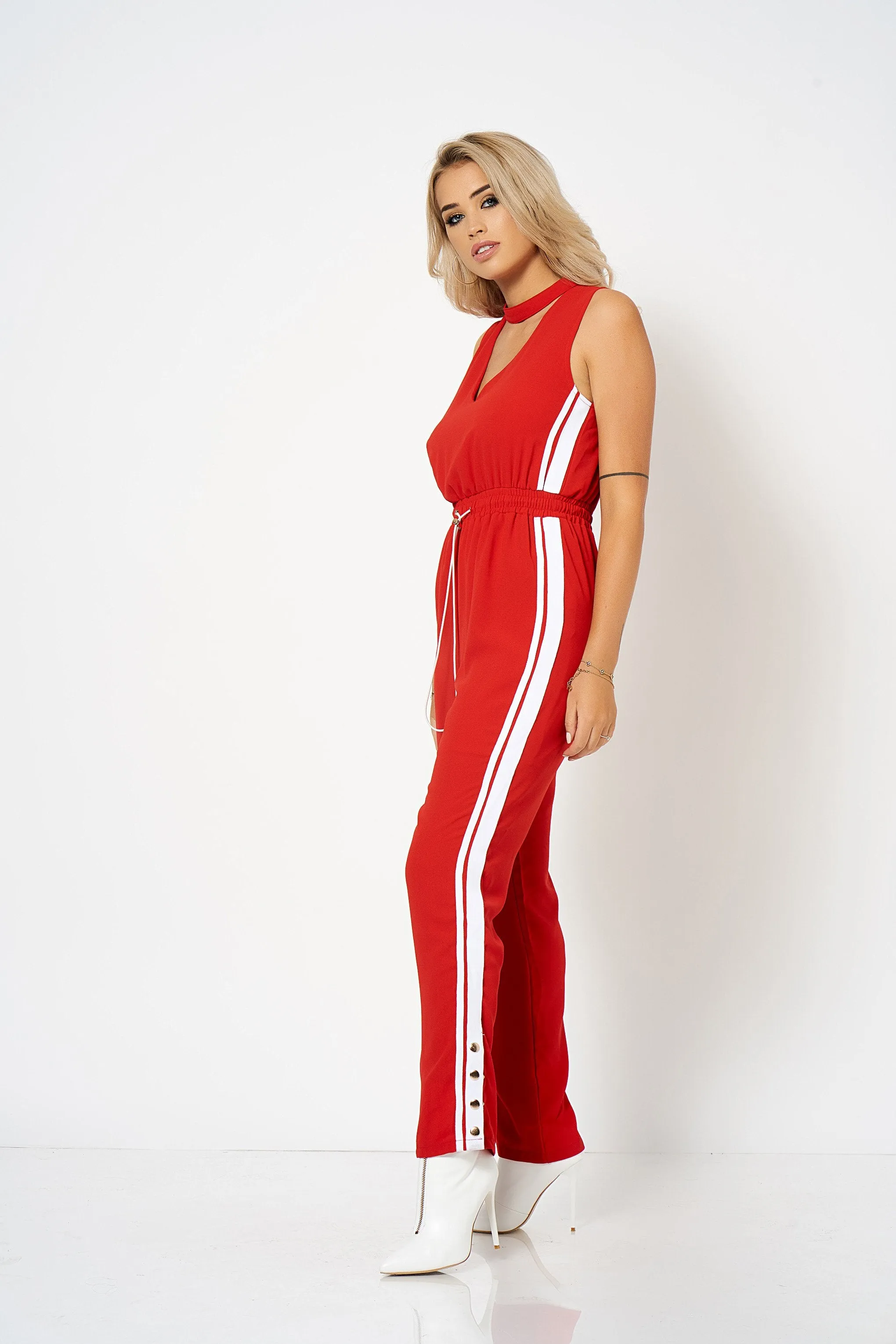 Red Contrast Stripe Choker Jumpsuit