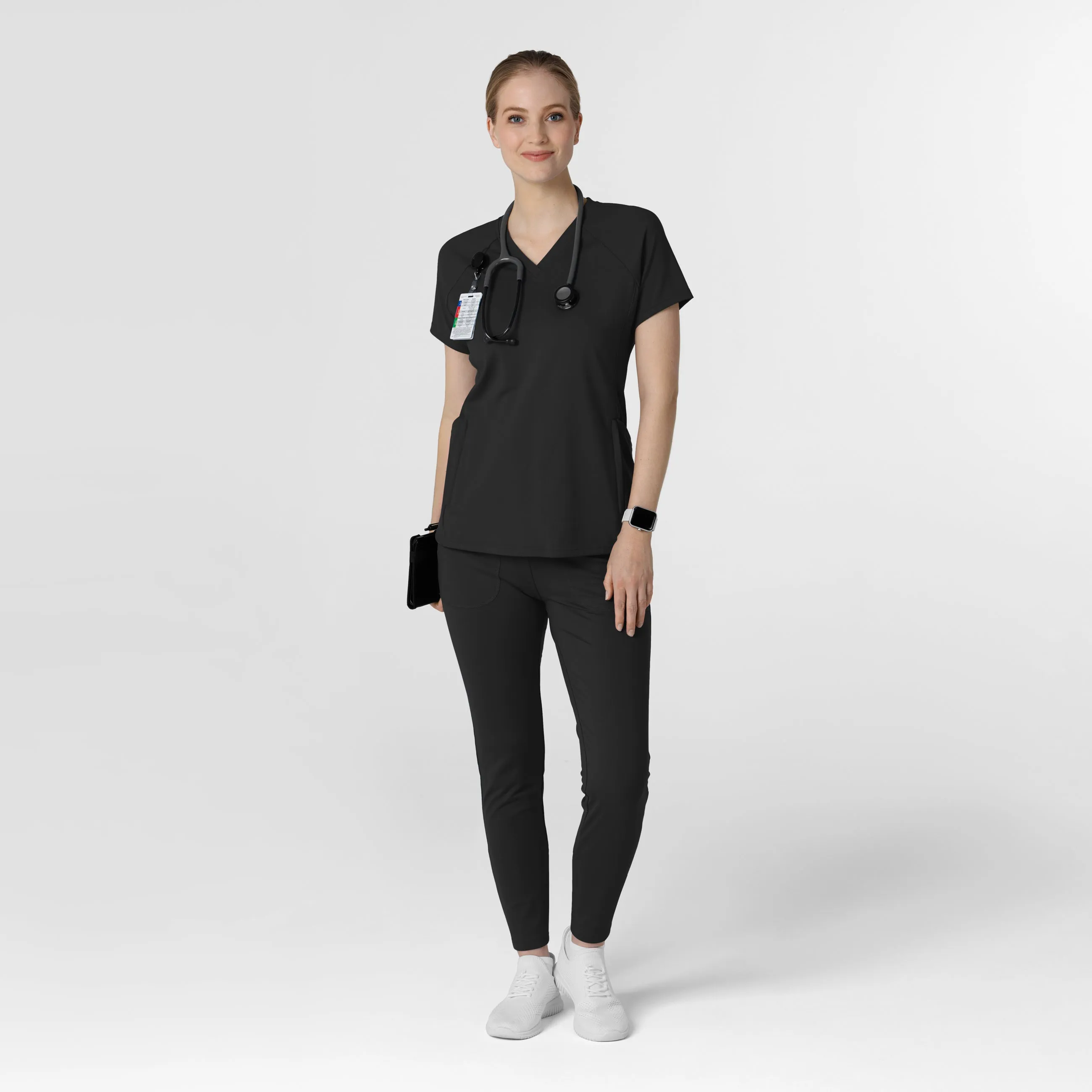 RENEW Knit Women's Flex-n-Reach V-Neck Raglan Scrub Top - Black