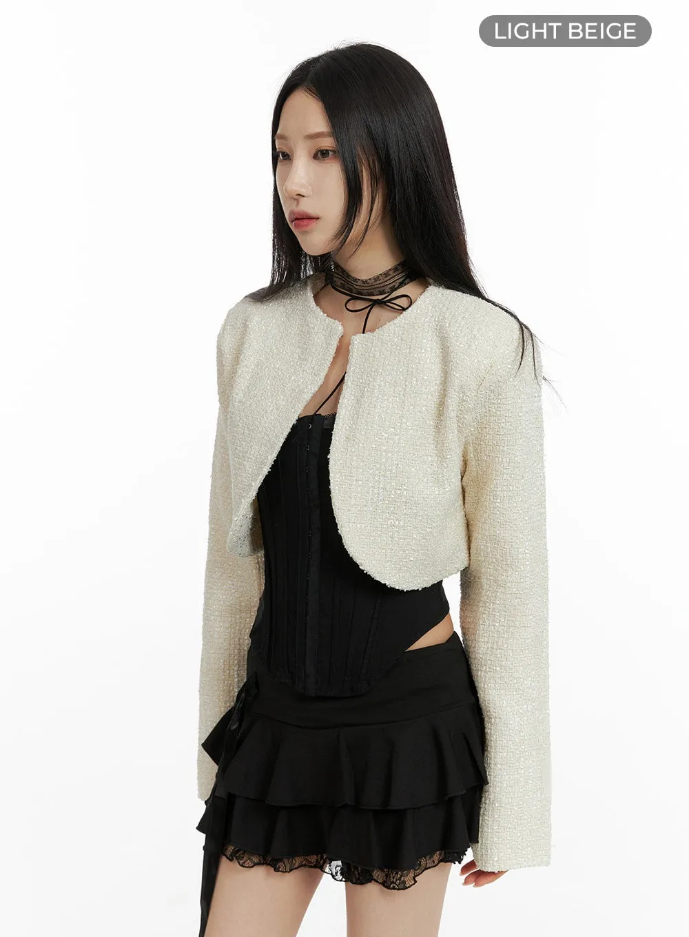 Round Neck Tweed Crop Jacket CF429