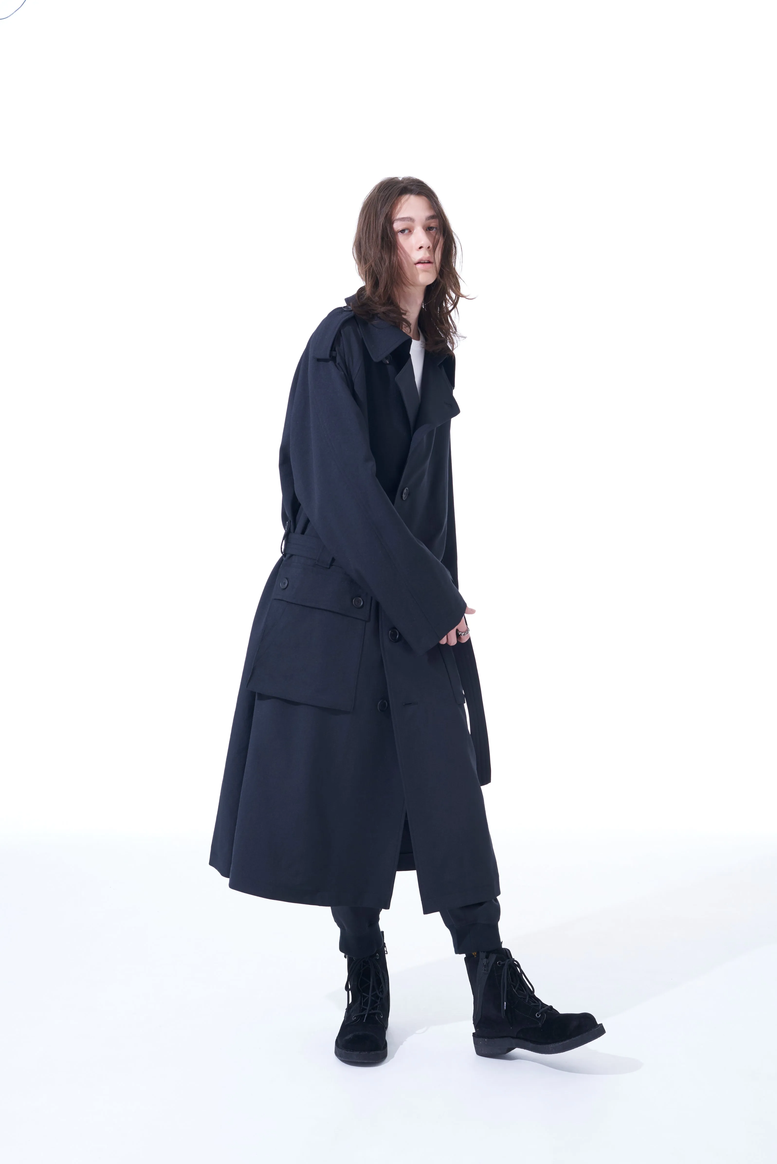 SHIWANOARU POLYESTER STRETCH TWILL BIG TRENCH CARGO POCKET COAT